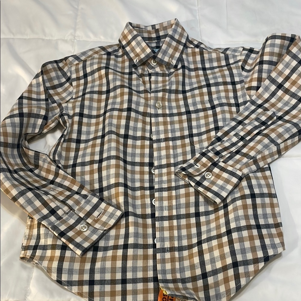 Boy’s Class Club 8 tan/black plaid button-down long-sleeve shirt